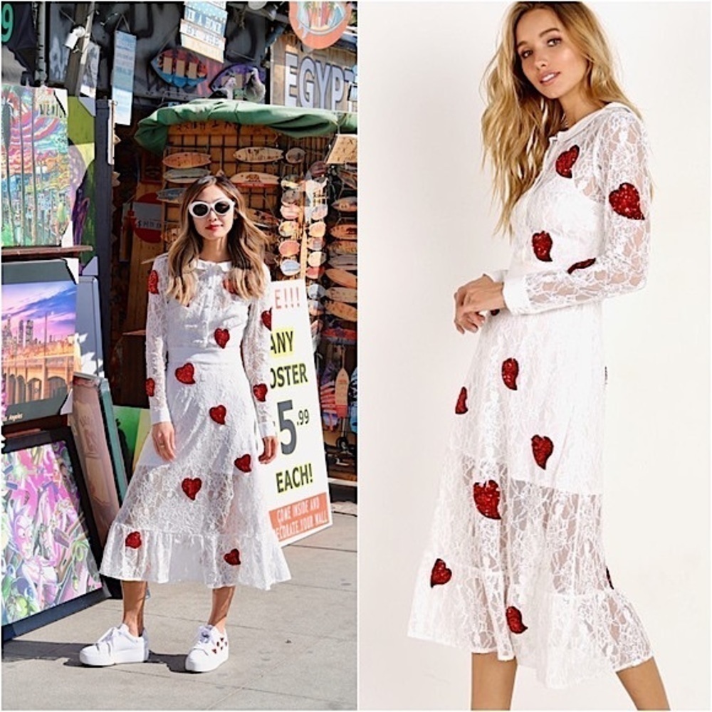 NWT FOR LOVE & LEMONS x JAMIE KING White Lace Red Sequin Hearts Midi Dress Sz S - Picture 3 of 14
